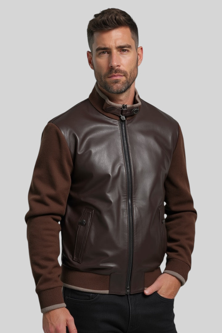 Romano Leather Jacket with Knitted Sleeves