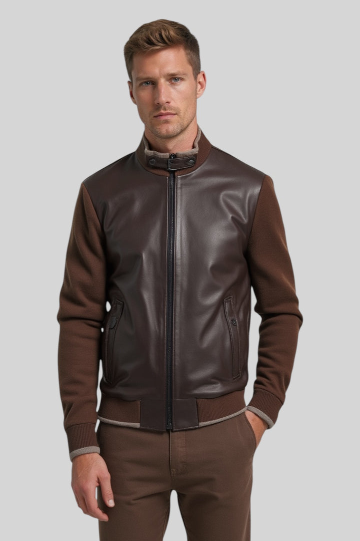 Romano Leather Jacket with Knitted Sleeves