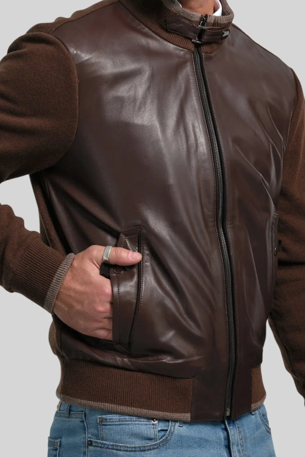 Romano Leather Jacket with Knitted Sleeves Spellezo