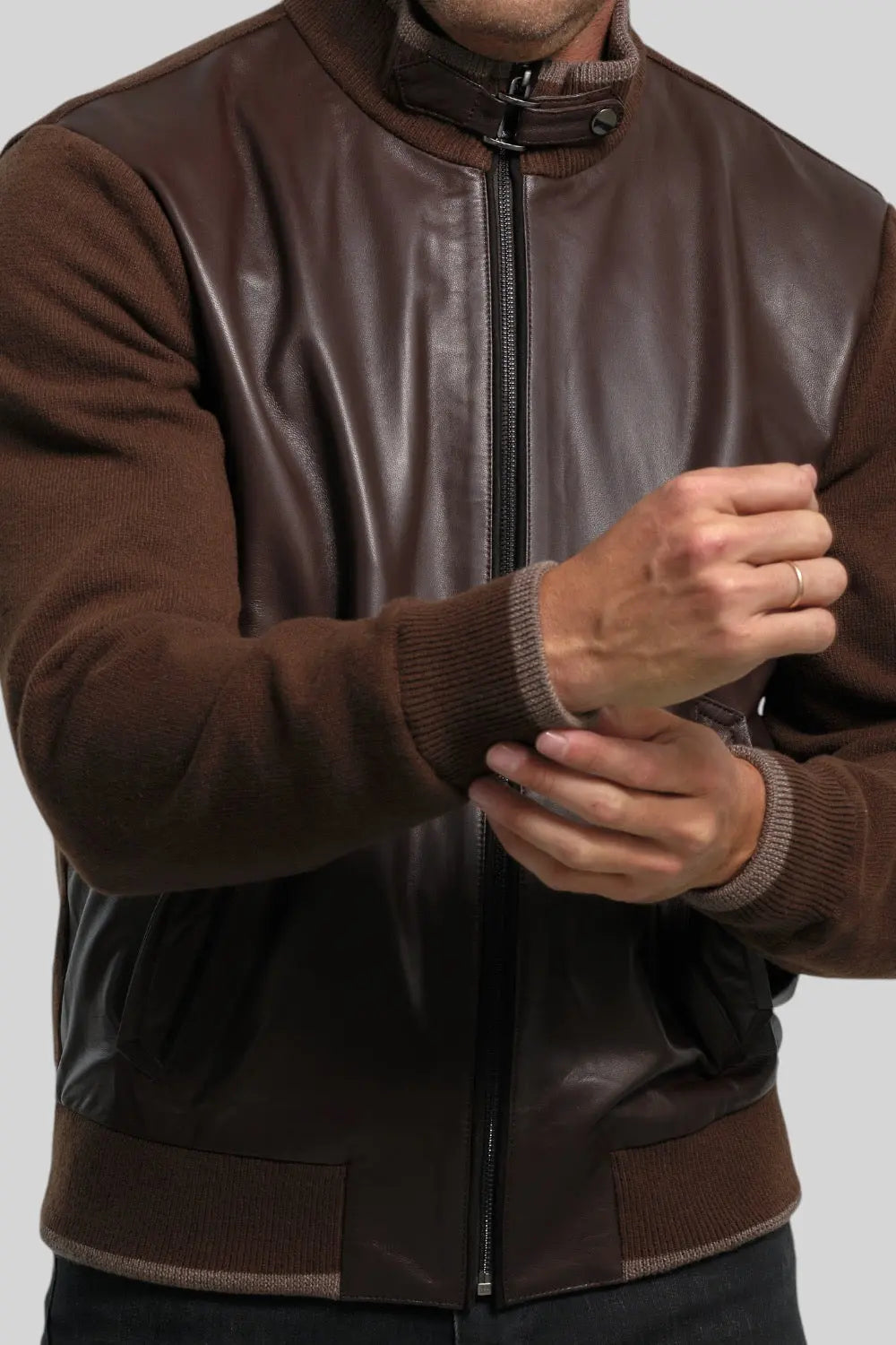 Romano Leather Jacket with Knitted Sleeves Spellezo