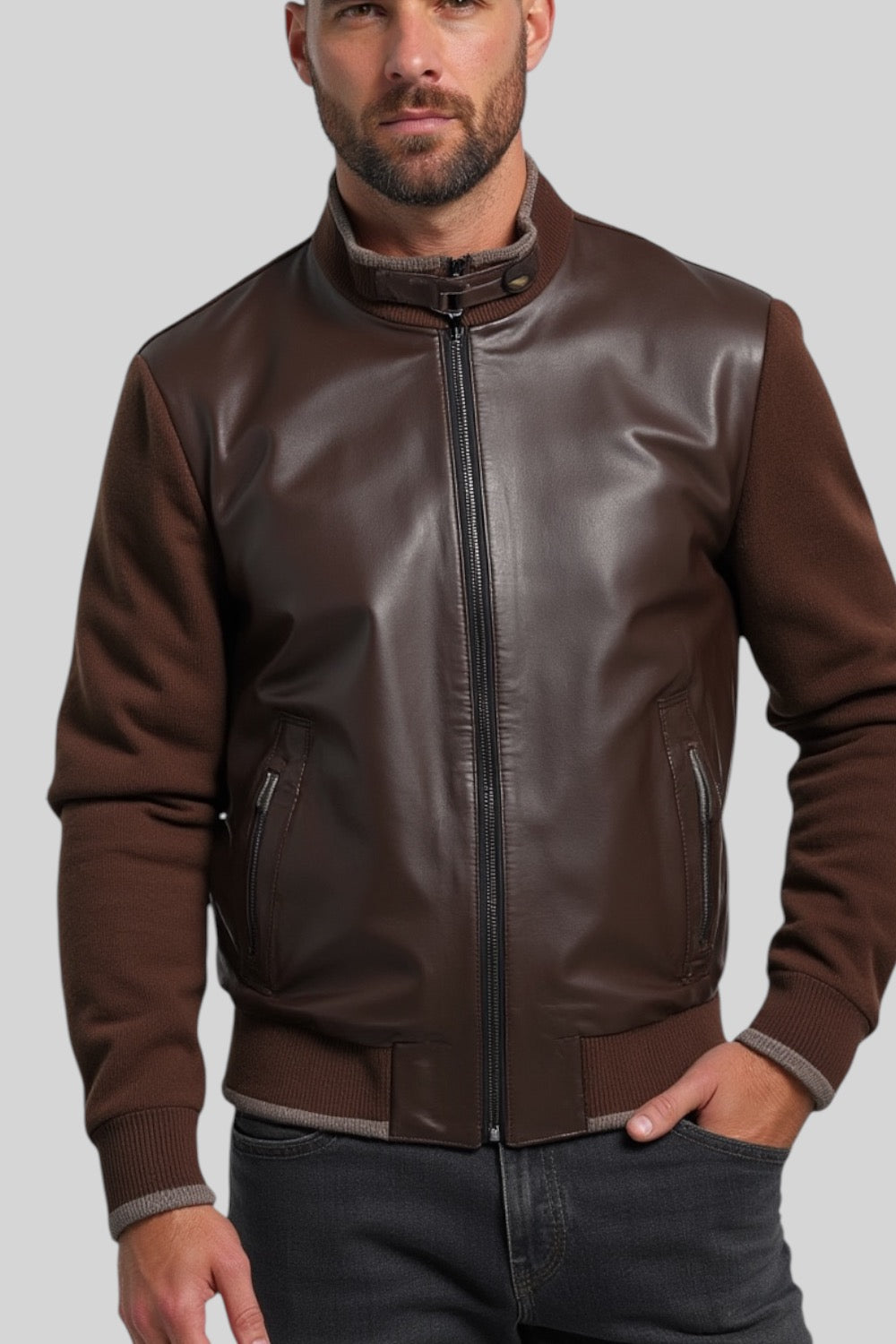 Romano Leather Jacket with Knitted Sleeves