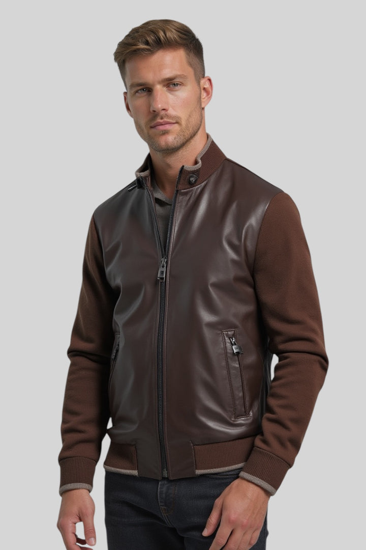 Romano Leather Jacket with Knitted Sleeves